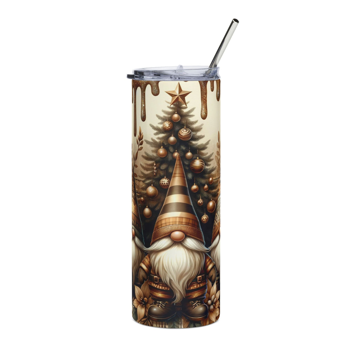Tumbler with Christmas gnome, tree, and ornaments design.