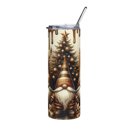 Tumbler with Christmas gnome, tree, and ornaments design.