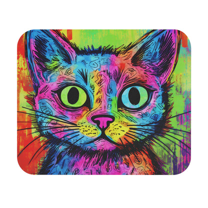 A colorful, abstract cat illustration features vibrant hues of blue, pink, green, and orange against a textured background.