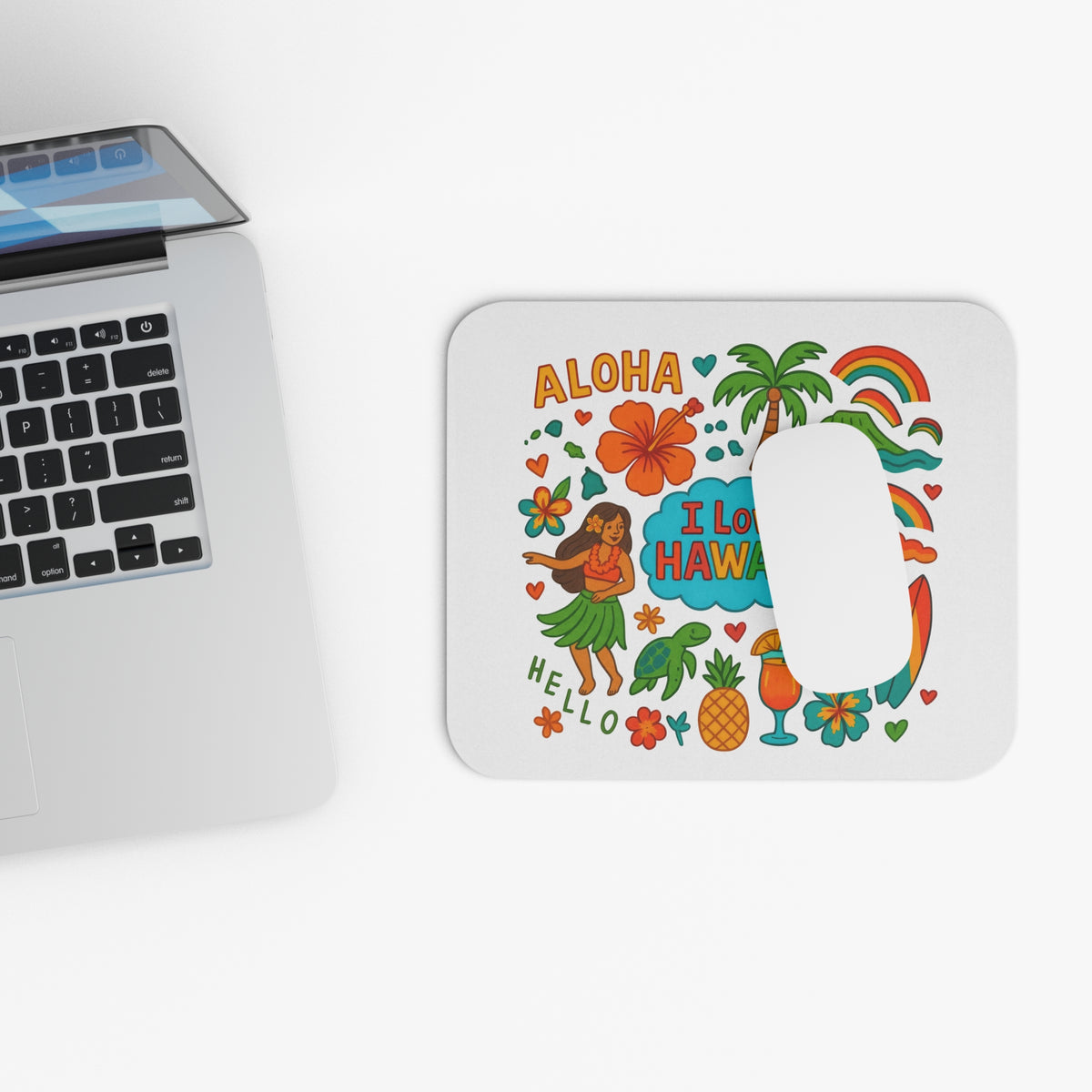 Mousepad with "Aloha", "I Love Hawaii", and tropical graphics.