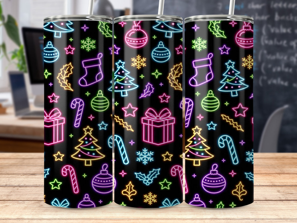 Black tumbler with neon Christmas icons: trees, stockings, ornaments, candy canes, and gifts.