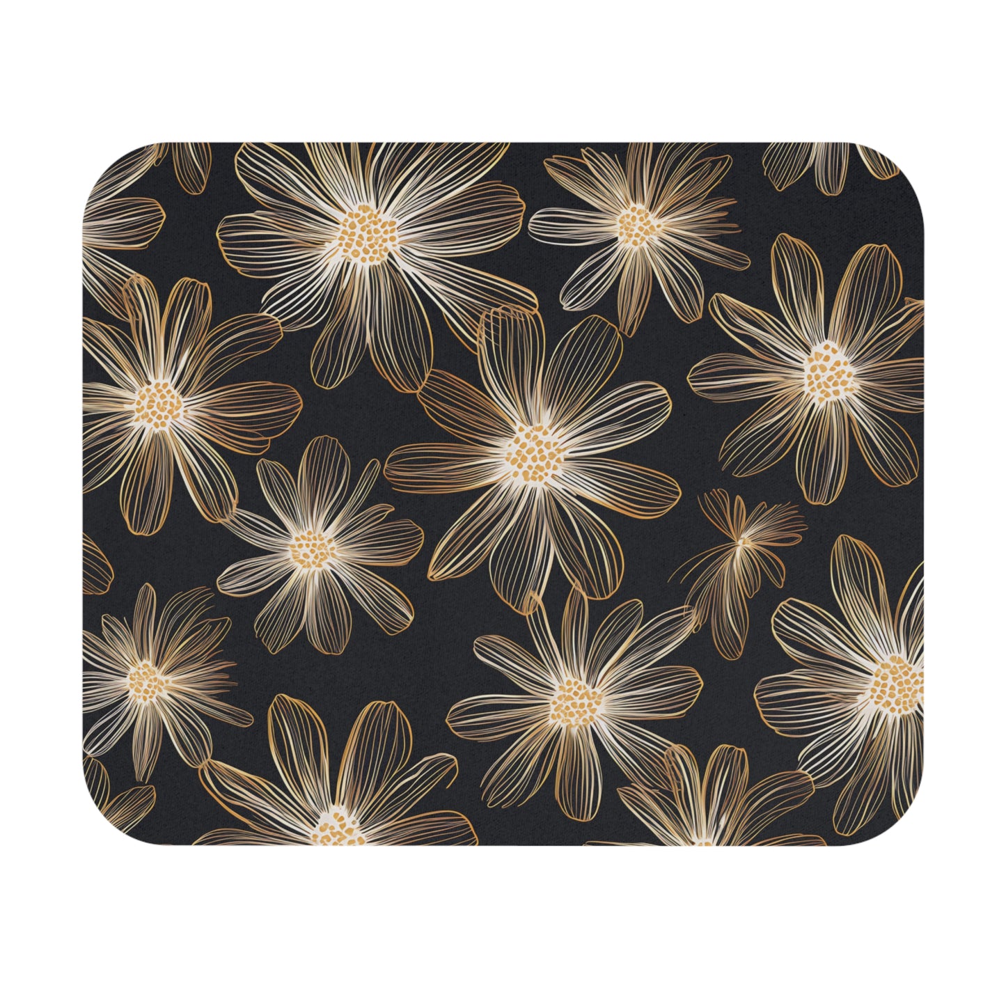 Gold line-art daisies on a dark textured background with rounded corners.