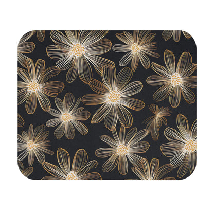 Gold line-art daisies on a dark textured background with rounded corners.