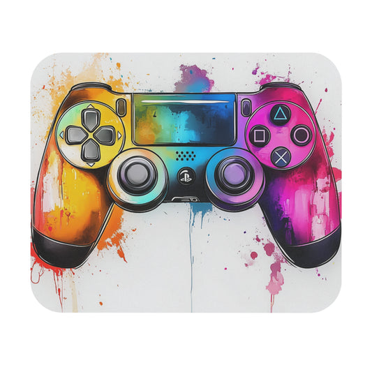 Game controller with watercolor splash art in rainbow colors.