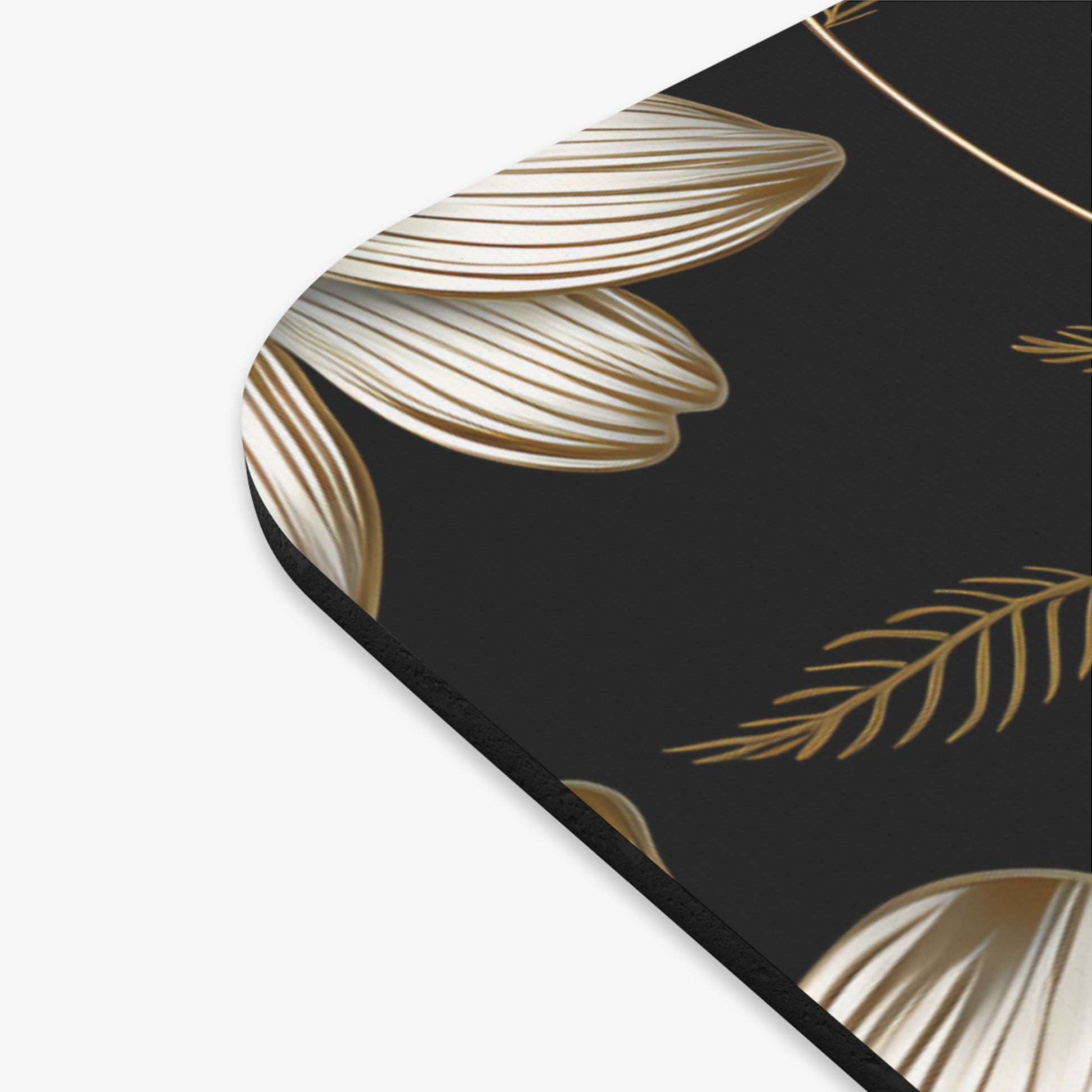 Black background with gold leaf and floral designs.