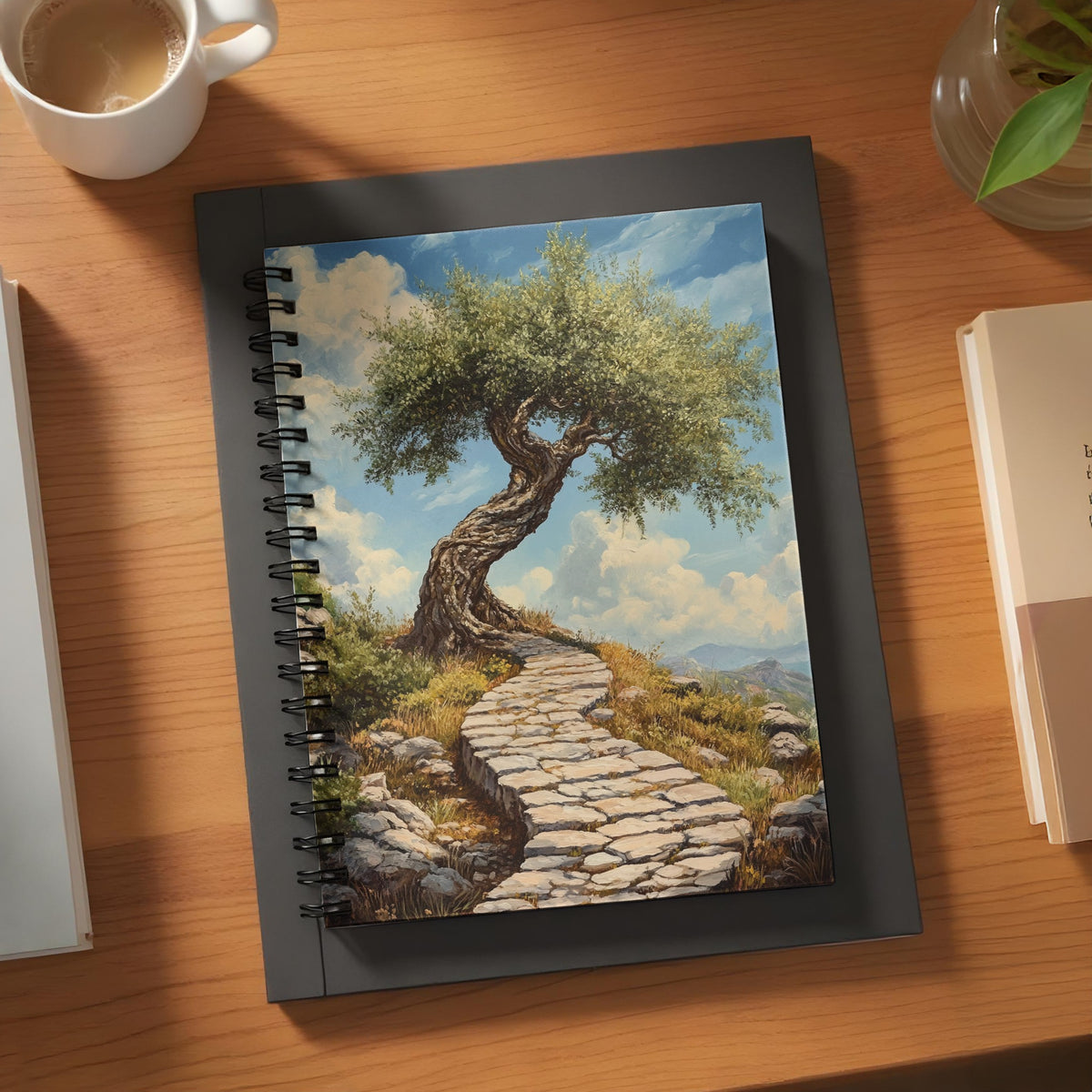 Notebook with spiral binding featuring a painting of a winding stone path to a twisted tree.