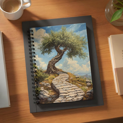 Notebook with spiral binding featuring a painting of a winding stone path to a twisted tree.