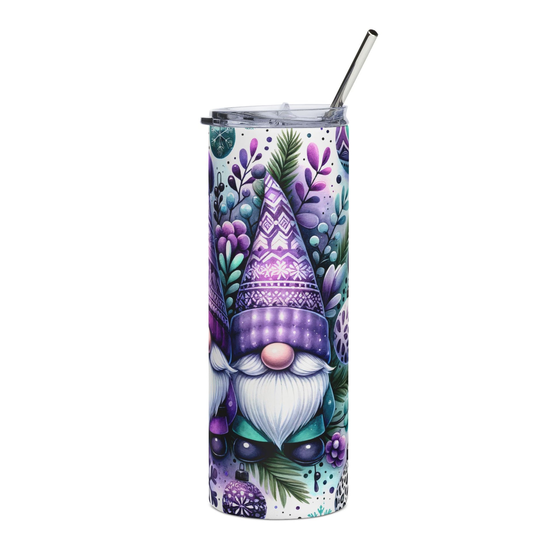Tumbler with purple gnome and floral winter design, including a silver straw.