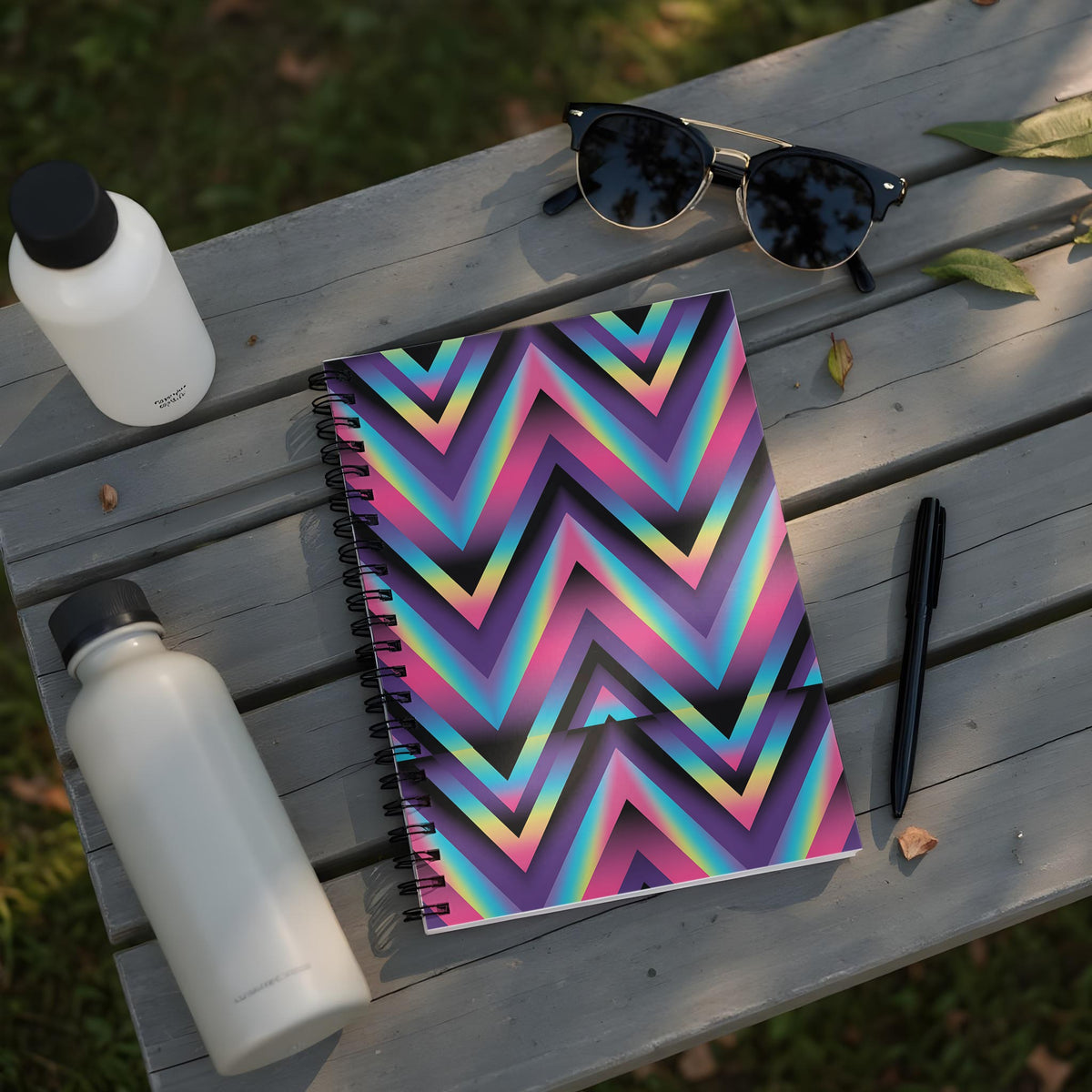 Spiral-bound notebook with rainbow chevron pattern, two water bottles, sunglasses, and pen.