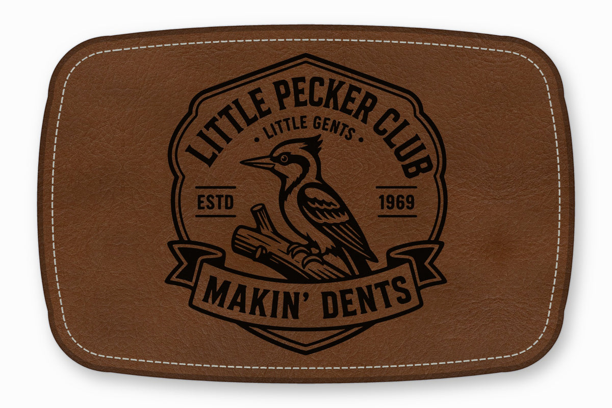Brown leather patch with rounded corners, white stitching, and a black woodcutter emblem featuring a bird.