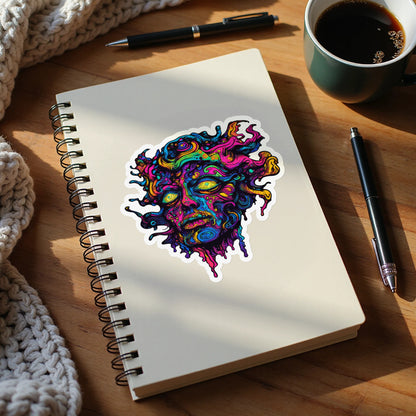 Colorful, melting face sticker on a notebook with pens and coffee.