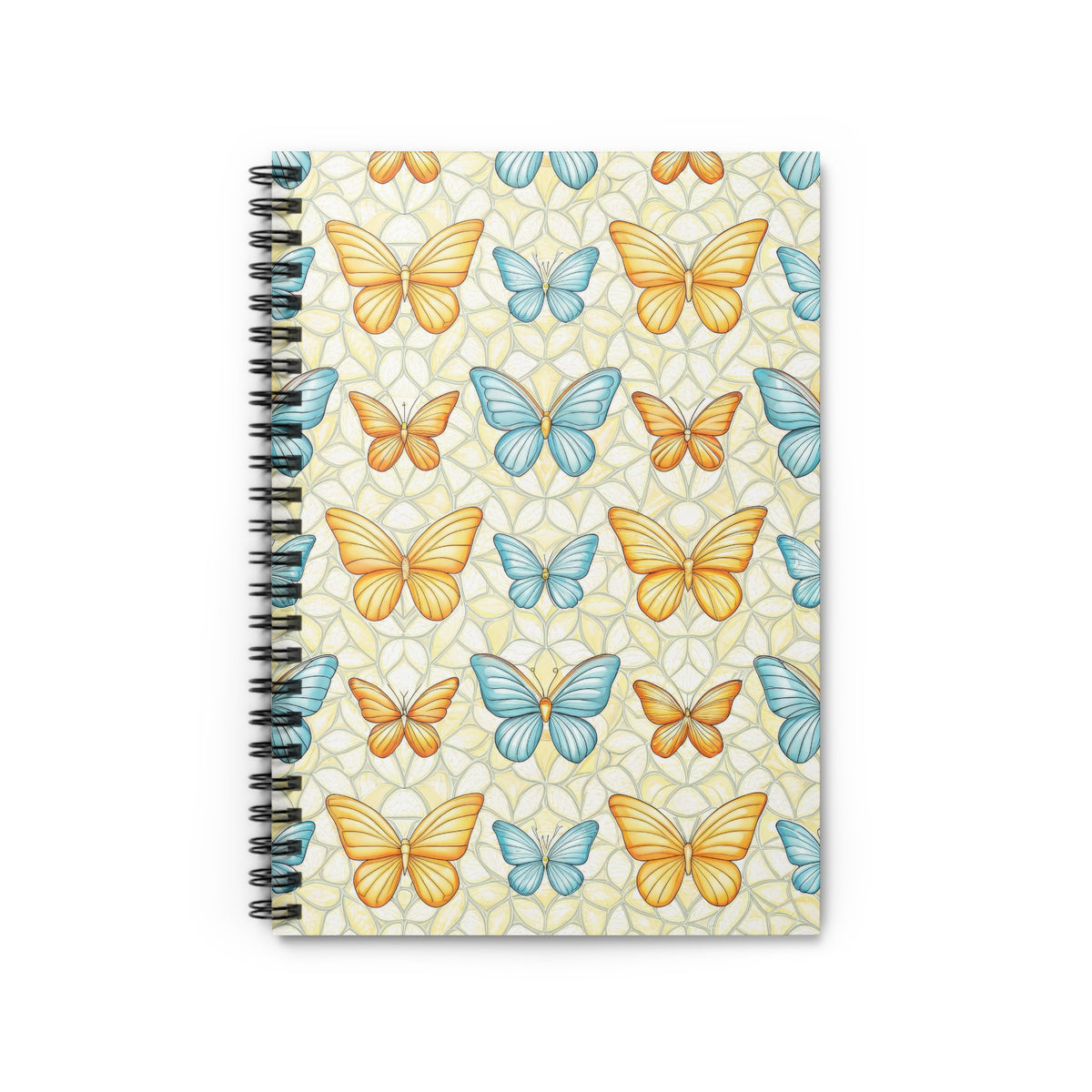 Spiral bound notebook with a pattern of orange and blue butterflies on a yellow background.