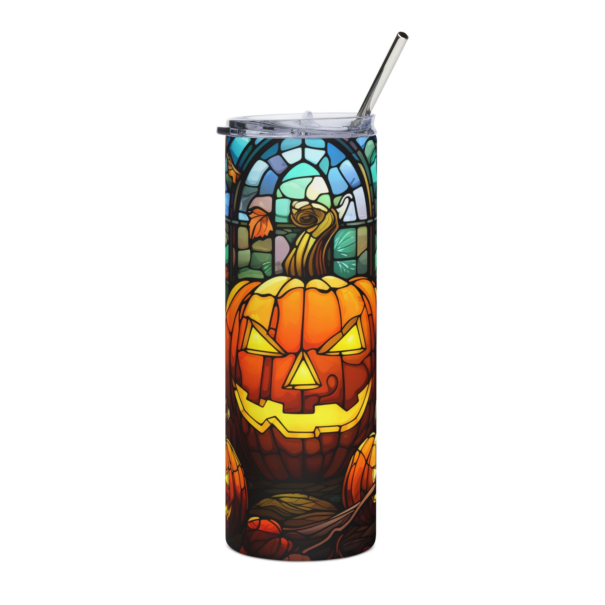 Tumbler with stained glass jack-o'-lantern and autumn leaves design.