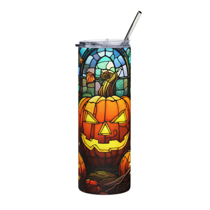 Tumbler with stained glass jack-o'-lantern and autumn leaves design.