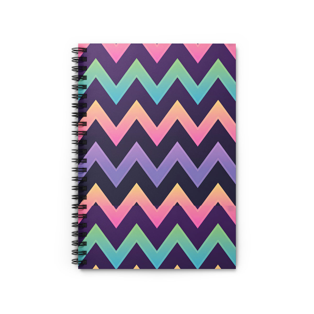 Spiral notebook with colorful chevron pattern and black binding.