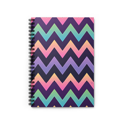 Spiral notebook with colorful chevron pattern and black binding.