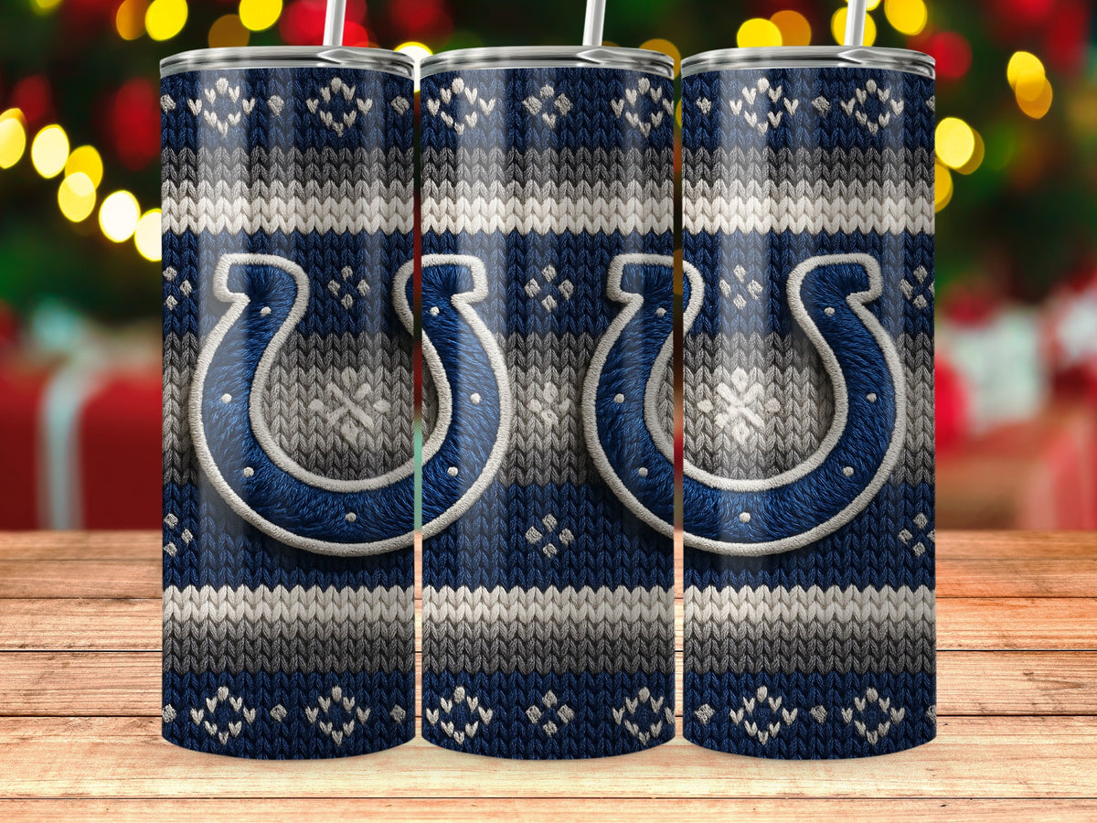 Three tumblers with a blue, gray, and white knit pattern and horseshoe logo.
