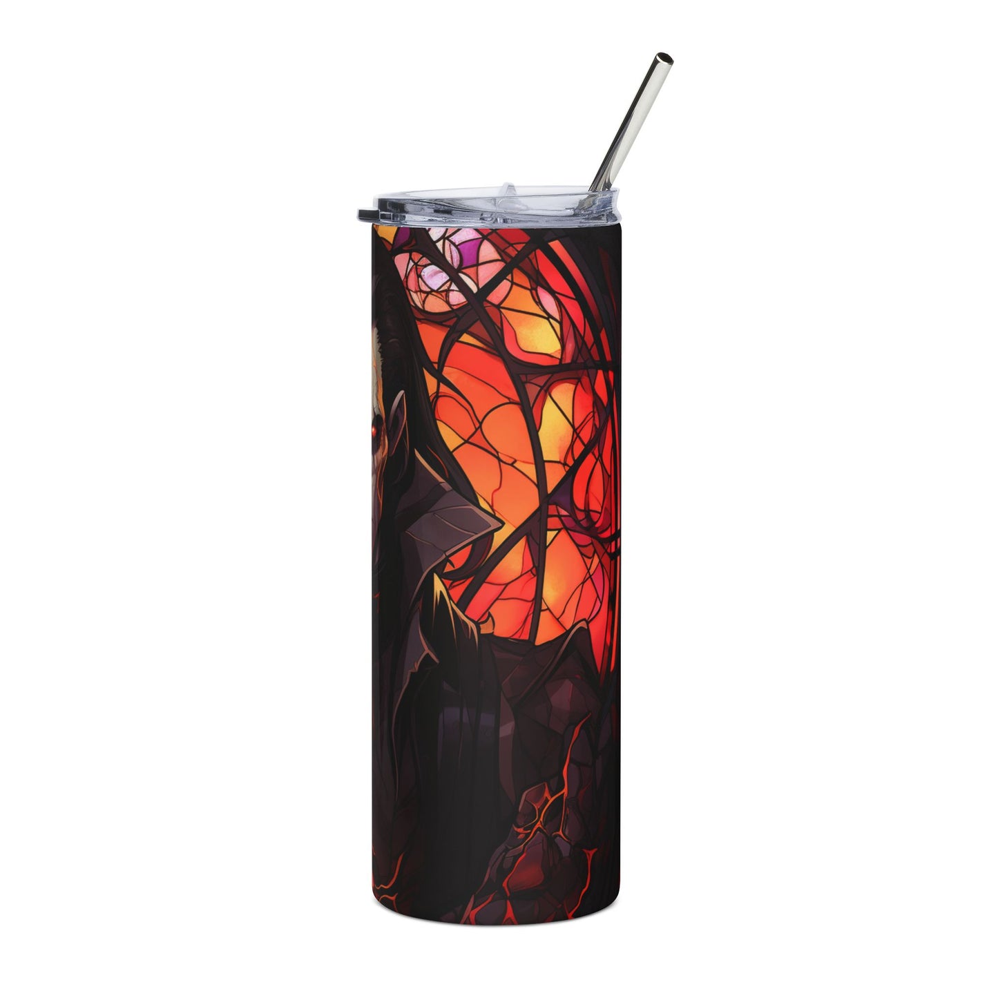 Tumbler with a dark, gothic stained-glass design featuring a wolf's head.