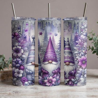 Three purple gnomes with winter floral and forest designs on tumblers.