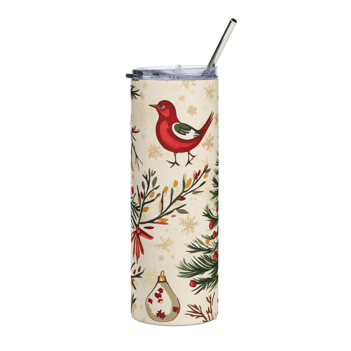 Cream tumbler with red bird, pine branches, ornaments, and snowflakes pattern.