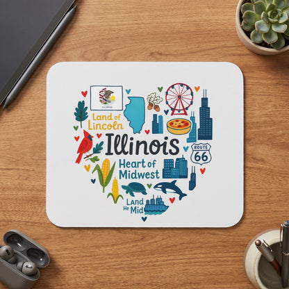 Heart-shaped Illinois illustration with landmarks, state symbols, and text.