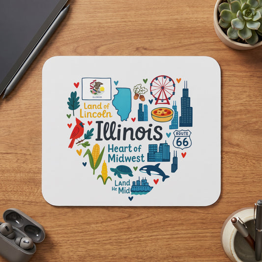 Heart-shaped Illinois illustration with landmarks, state symbols, and text.