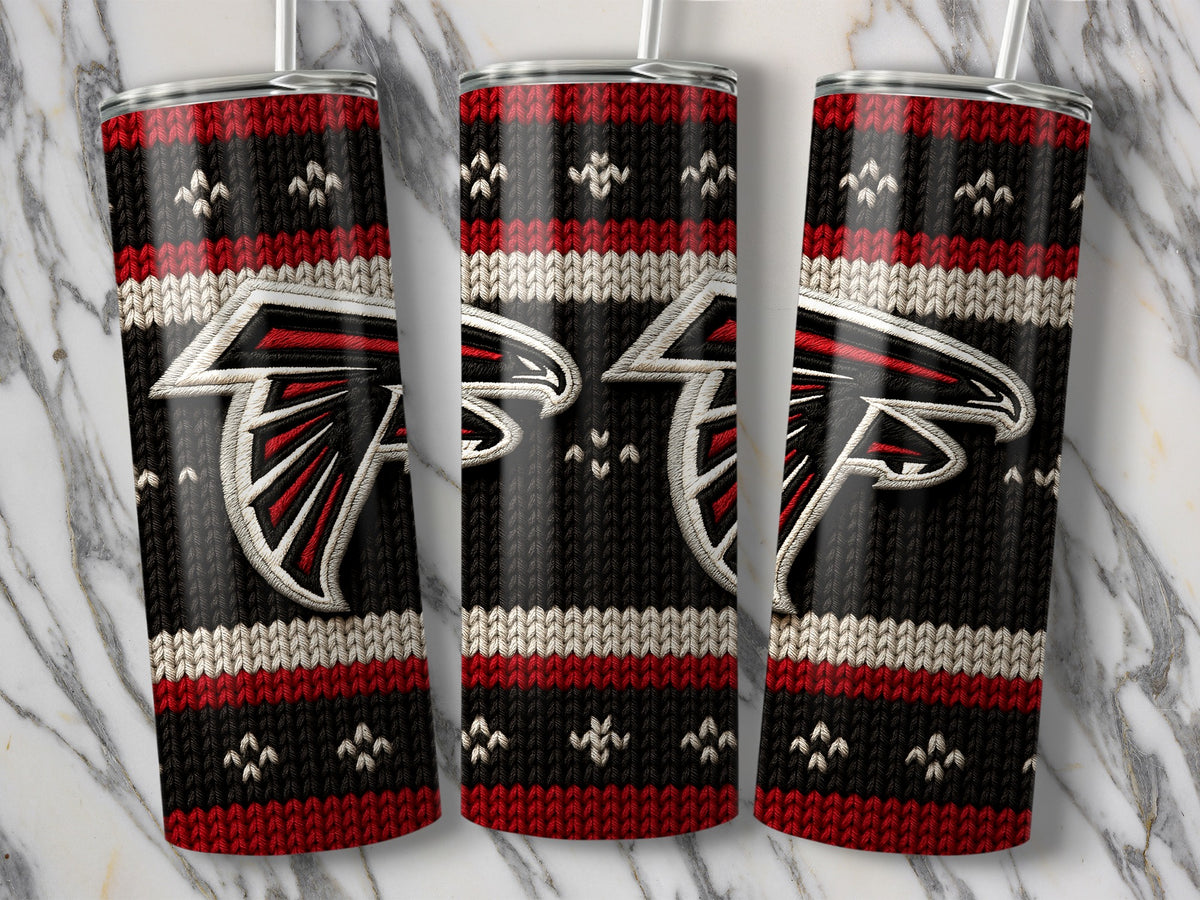 Three tumblers with a knitted pattern and the Atlanta Falcons logo.