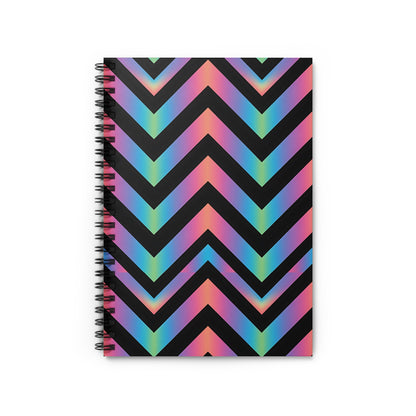 Spiral notebook with a black background and iridescent chevron pattern.