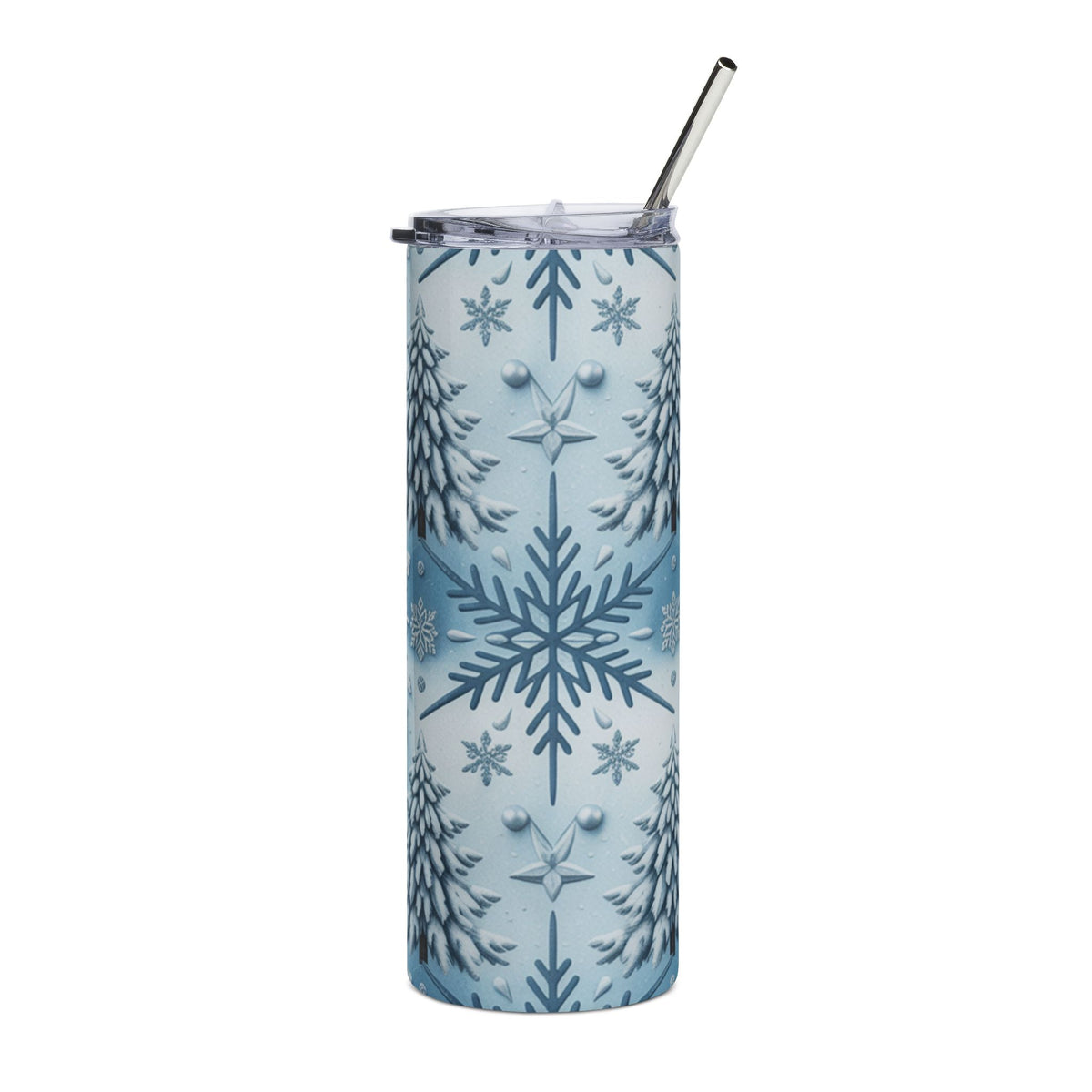 White tumbler with blue winter pattern featuring snowflakes and snow-covered trees.