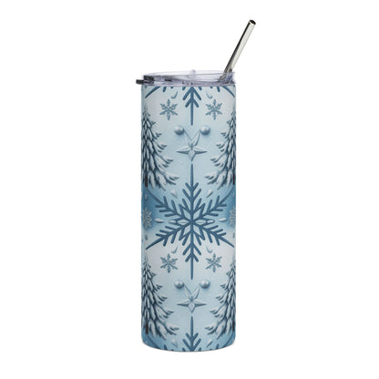White tumbler with blue winter pattern featuring snowflakes and snow-covered trees.