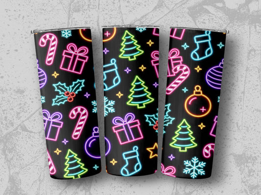 Three tumblers featuring a black background with a neon Christmas pattern.