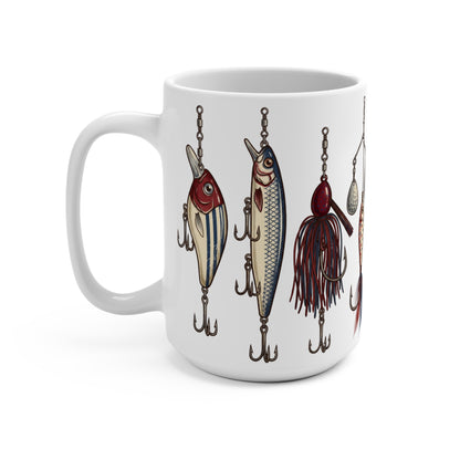 White mug with colorful fishing lures and hooks graphic design.