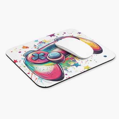Mousepad with colorful watercolor gaming controller and star design.