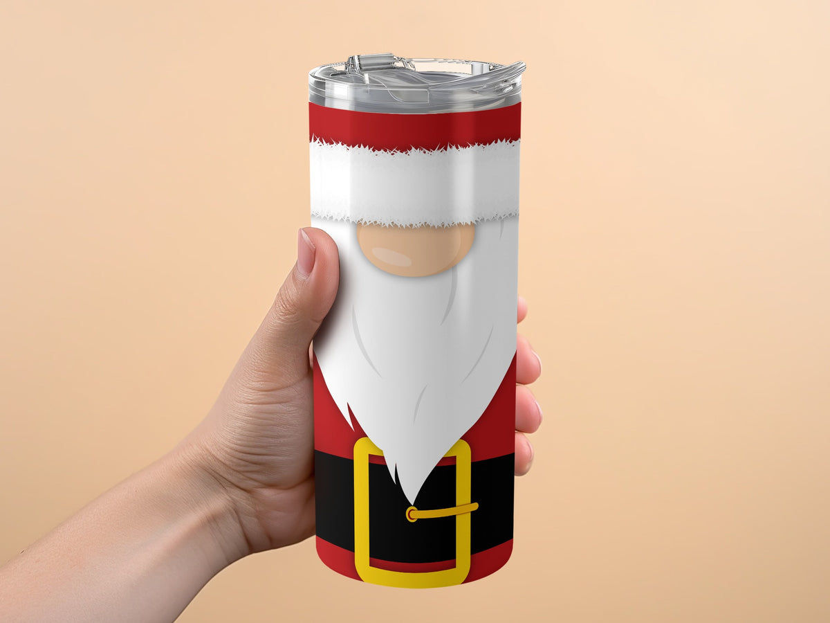 Santa Claus themed tumbler with a white beard and red suit design held by a hand.