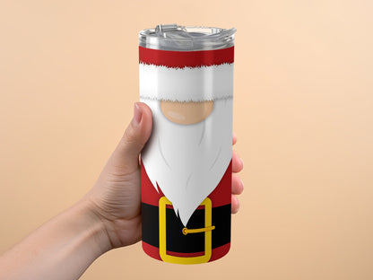 Santa Claus themed tumbler with a white beard and red suit design held by a hand.