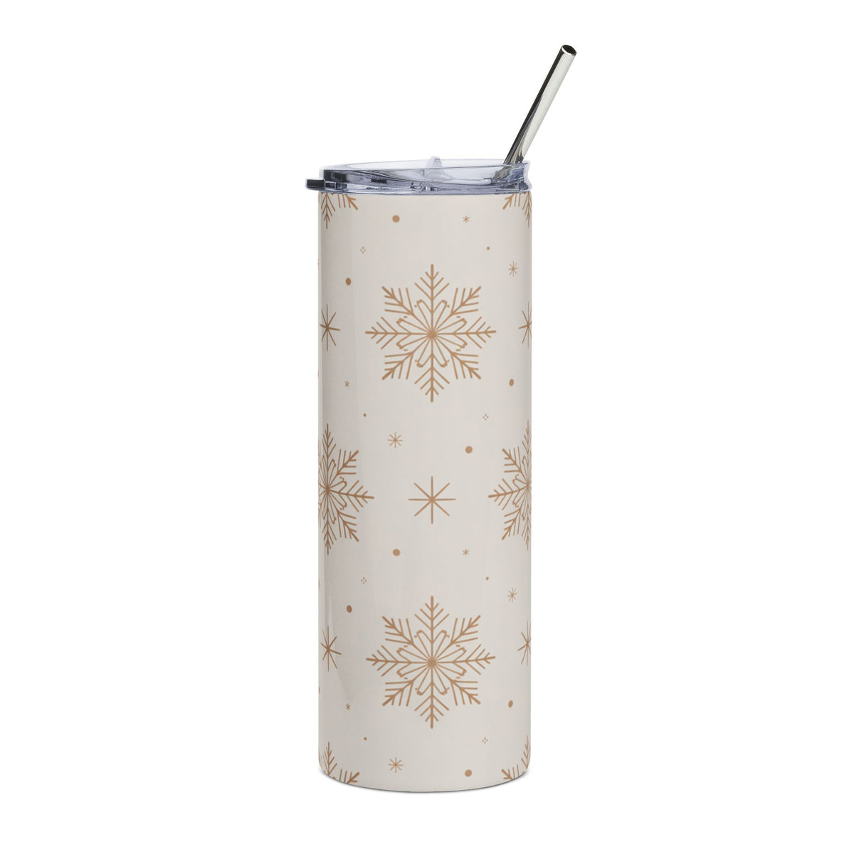 Cream tumbler with gold snowflake pattern and silver straw.