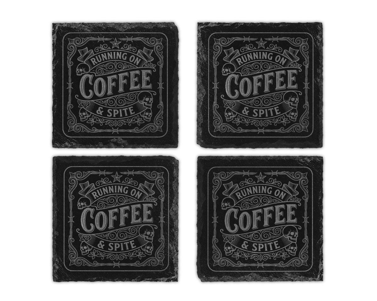 Four slate coasters with "Running on Coffee & Spite" text and skull designs.