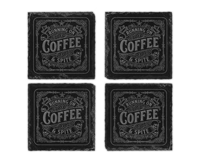 Four slate coasters with "Running on Coffee & Spite" text and skull designs.