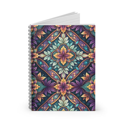 Spiral bound notebook with a colorful floral mandala pattern cover.