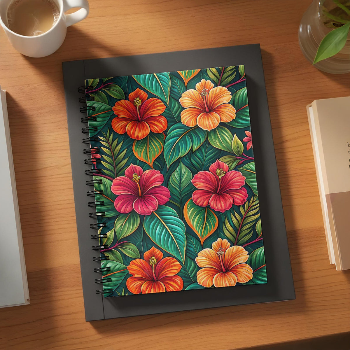 Spiral bound notebook with a colorful hibiscus floral print design.