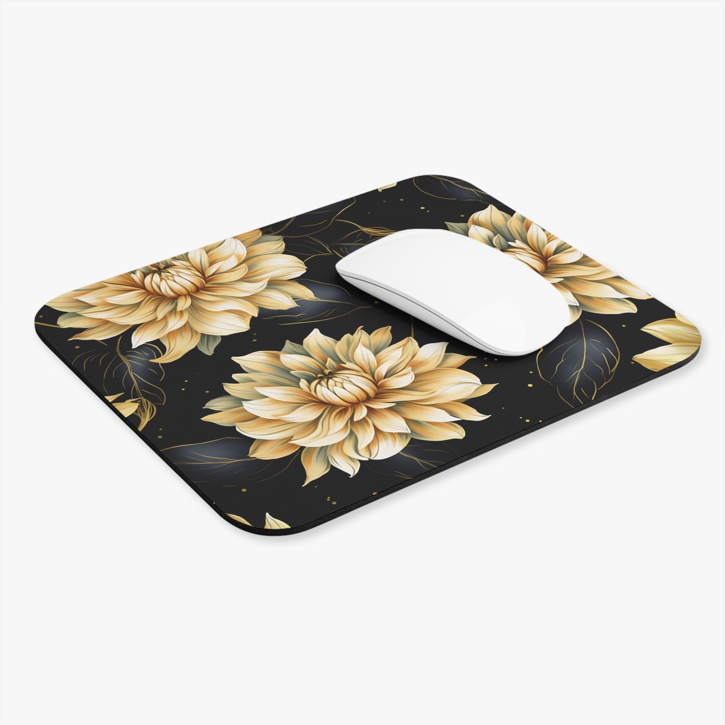 Black mousepad with golden floral and leaf pattern.