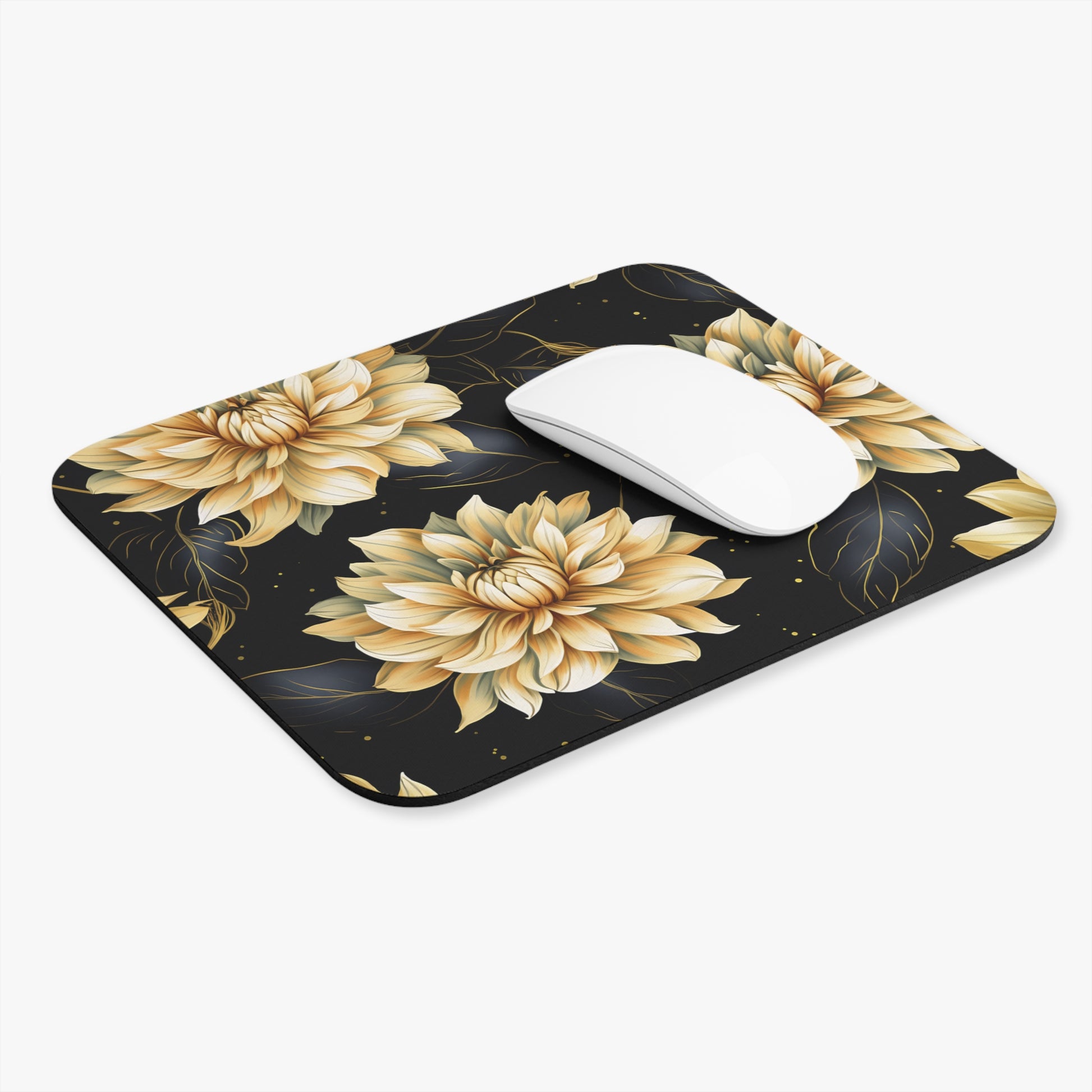 Black mousepad with golden floral and leaf pattern.