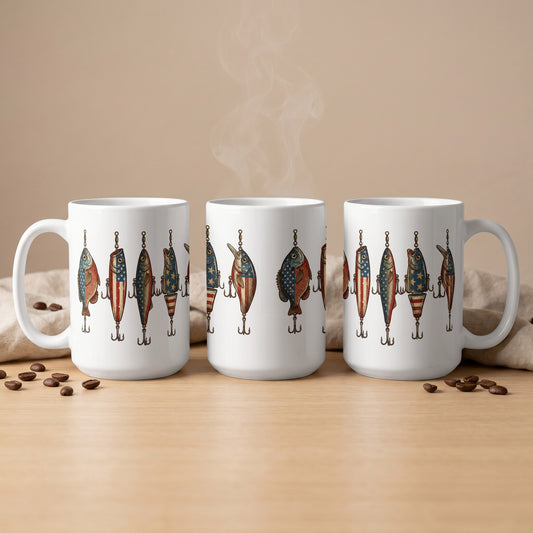Three white mugs featuring a repeating pattern of fishing lures with American flag designs.