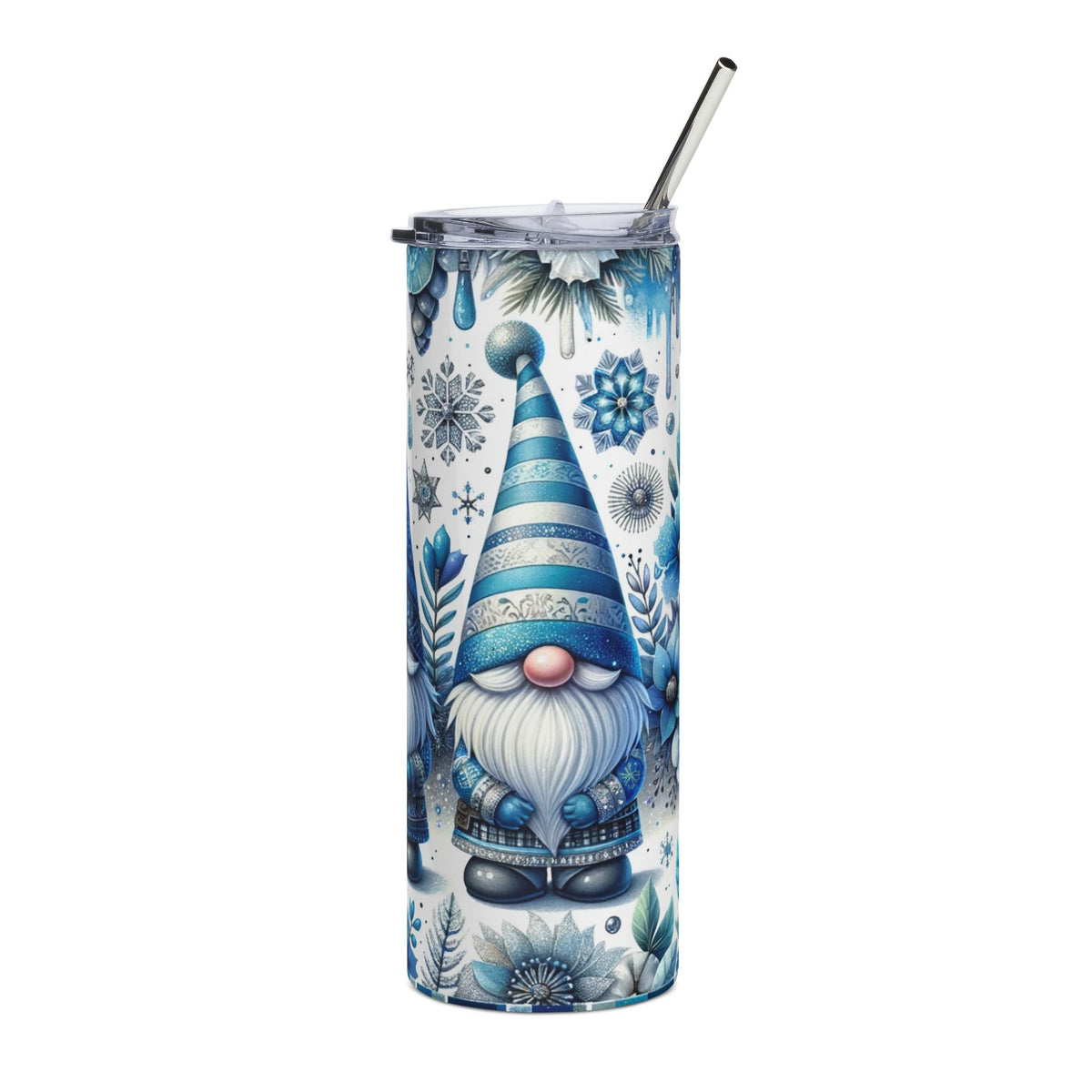 Blue striped gnome with snowflakes and leaves on a white tumbler with a metal straw.