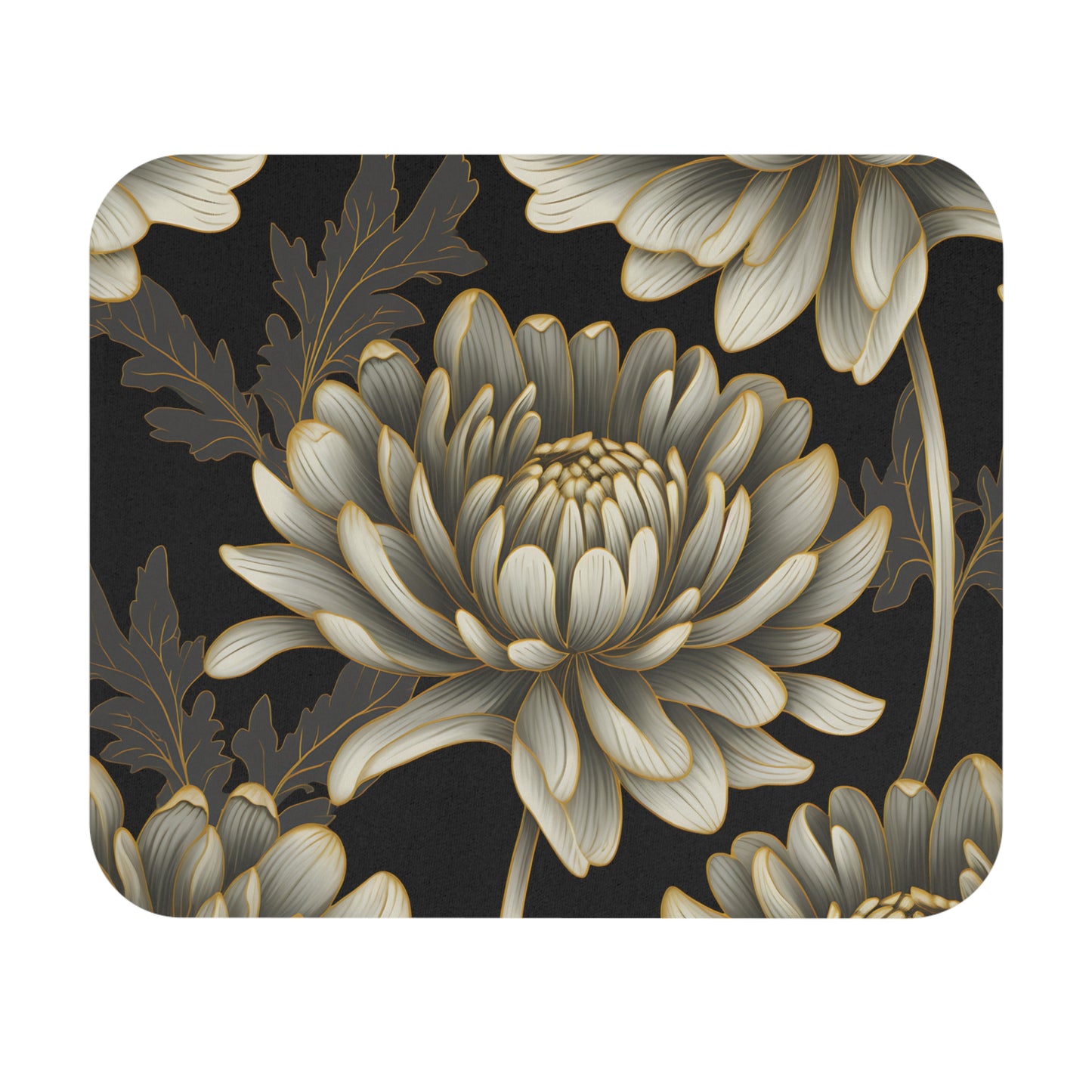 Close-up of a chrysanthemum flower with gold outlines on a textured dark background.