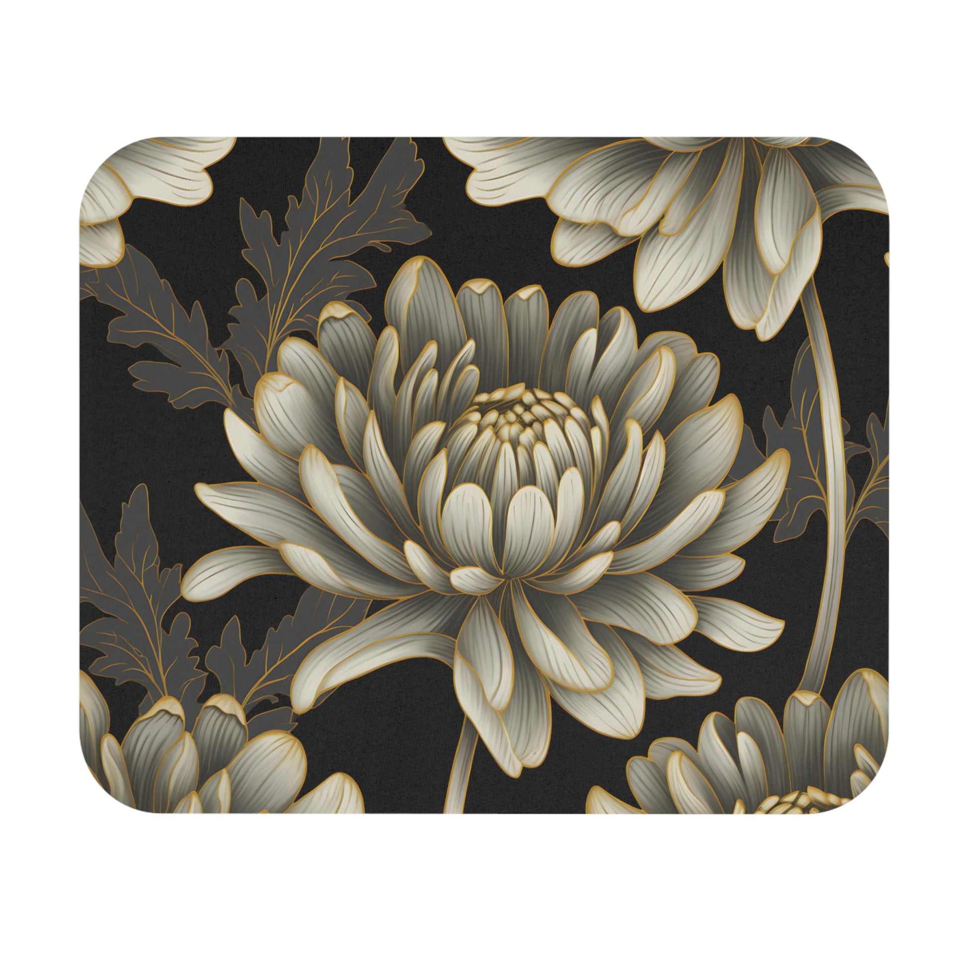 Close-up of a chrysanthemum flower with gold outlines on a textured dark background.