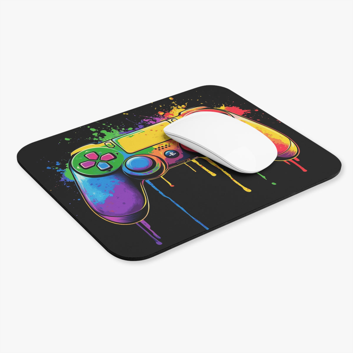 Black mousepad with colorful, dripping video game controller graphic and white mouse.
