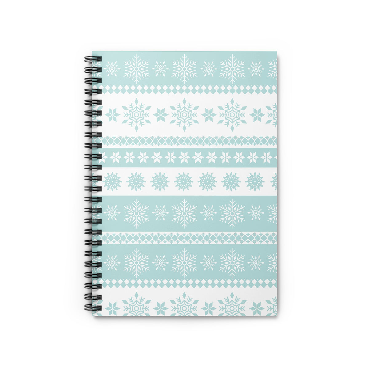 Spiral bound notebook with light blue and white snowflake pattern.