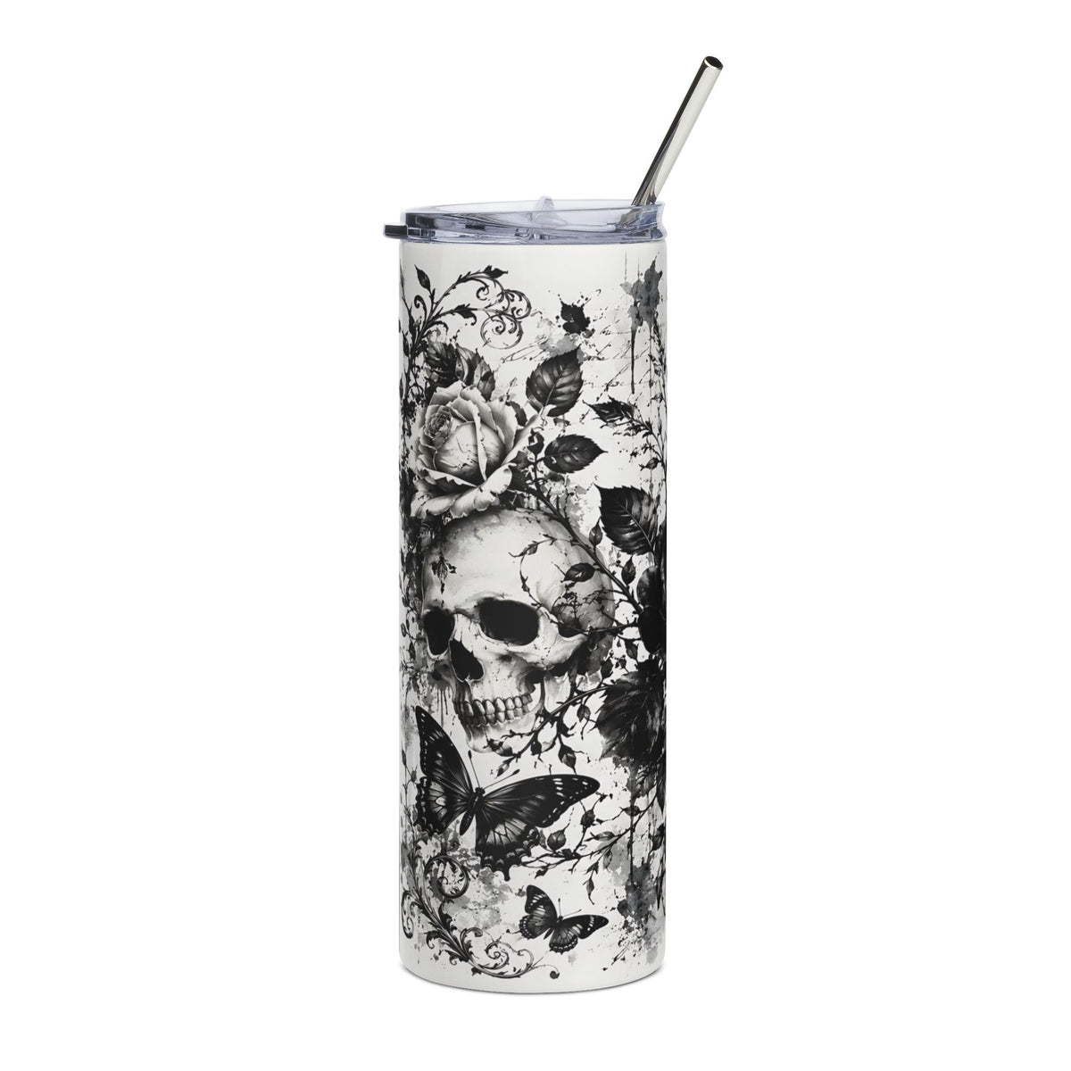 White tumbler with black skull, rose, and butterfly graphic, with a metal straw.