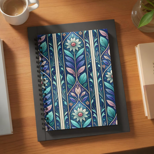 Spiral notebook with blue floral and leaf Art Nouveau pattern.